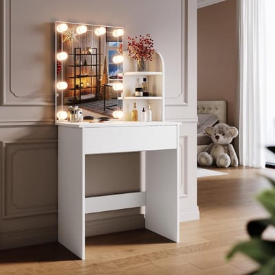 Make-uptafel met ledverlichting en HD-spiegel, met 10 instelbare helderheid, 3 kleuren, kaptafel met laden voor slaapkamer, 3 open vakken, wit, 70 x 40 x 140 cm