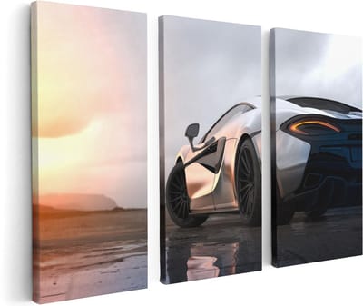 Artaza Canvas Schilderij Drieluik Zilveren Sportwagen Auto Bij Zonsondergang - 120x80 - Foto Op Canvas - Canvas Print