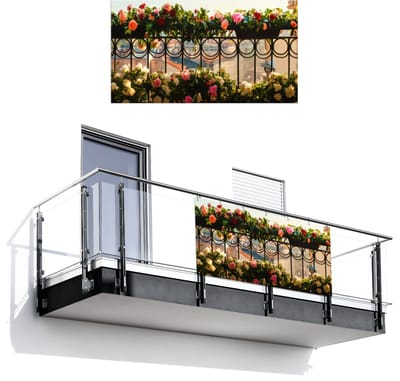Balkonscherm 200x110 cm - Balkonposter Bloemen - Hek - Stadszicht - Zomer - Balkon scherm decoratie - Balkonschermen - Balkondoek zonnescherm