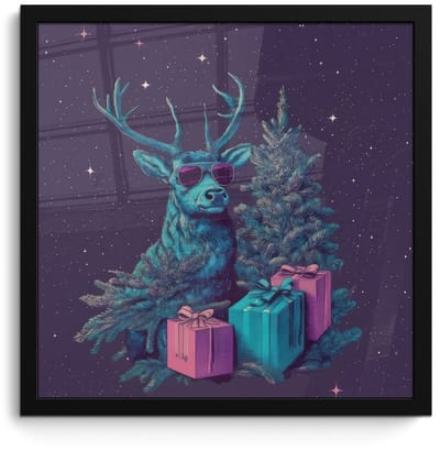 Poster in lijst - Fotolijst 40x40 cm - Posters - Rendier - Zonnebril - Neon - Kerstboom - Posterlijst zwart - Decoratie - Wanddecoratie woonkamer - Muurdecoratie slaapkamer - Kerstversiering - Kerstdecoratie voor binnen - Kerstmis