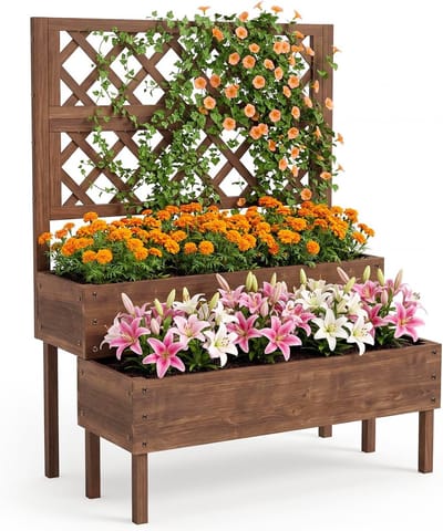 Houten Verhoogde Moestuinbak met Klimrek - 2 Niveaus Plantenbak op Poten - Voor Balkon, Terras & Tuin - Bruin