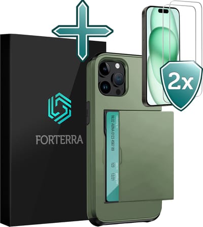 Hoesje Geschikt voor iPhone 15 Pro Pashouder Hard Case Hoes Met 2x Screenprotector - Hoes Geschikt voor iPhone 15 Pro Hoesje Back Cover Met Pasjeshouder - Donkergroen