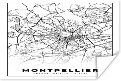 Poster Stadskaart - Montpellier - Plattegrond - Kaart - Frankrijk - Zwart wit - 180x120 cm XXL