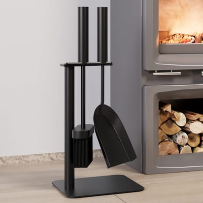 Unyqoos® Stijlvolle zwarte haardset met borstel, schep en standaard voor elk interieur