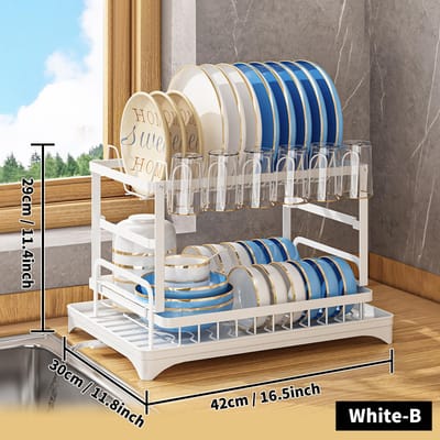 1 Set Afdruiprek, 2-laags Afdruiprek, Keuken Afdruiprek Met Lekbak En Bestekhouder Voor Keukenblad L&2-tier gray