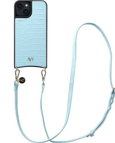 AVY Leren Hoesje Geschikt voor Apple iPhone 15 | Compatibel met MagSafe | Leather Case met Telefoonkoord | Crossbody | Croco Blauw | Long Leather