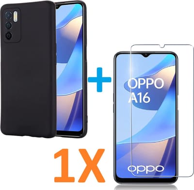 Soft TPU Zwart hoesje Silicone Case + 1 stuk Glas Screenprotector Geschikt voor: Oppo A16 / A16s
