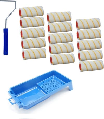15x verfroller / vachtrollers incl rollerbeugel en verfbakje - 10 cm - rollers voor het schilderen van wanden en plafonds