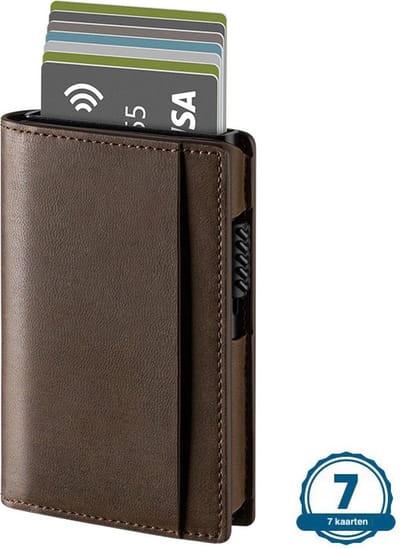 VEXON Slim - Wallet pro - Premium Wallet Slim - Pasjeshouder Donker Bruin - 7 Pasjes + Briefgeld - RFID Creditcardhouder - Pasjeshouder Mannen & Vrouwen - Pasjeshouder Uitschuifbaar - Kaarthouder - Kaarthouder Pasjes - Incl. Luxe Cadeaubox