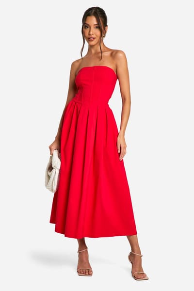 boohoo Dames Bengaline Korset Skater Midaxi Jurk | Rood | Maat: 42
