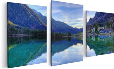 Artaza Canvas Schilderij Drieluik Meer Met Weerkaatsing In De Bergen - 120x60 - Foto Op Canvas - Canvas Print