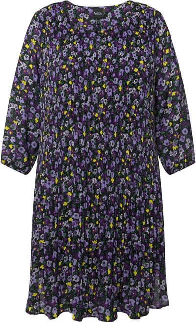 Ulla Popken - Dames - Mini-jurk met plissés bloemen ronde hals 3/4-mouwen - Zwart - Maat 50+