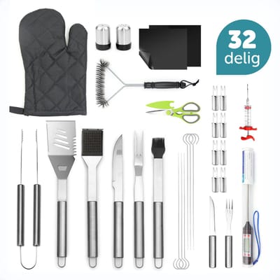 ForDig BBQ Accessoires Set (32-delig) - BBQ accessoires - BBQ Borstel - Vleesthermometer – Vleesmes – Vleestang – Vleesvork – BBQ Borstel - Incl Opbergtas