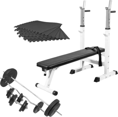 Gorilla Sports Halterbank Wit met 100 kg halterset - Fitnessbank - Verstelbaar - Halterstang met gewichten - Puzzelmat