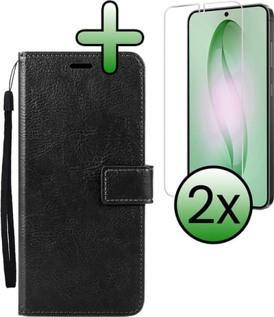 Hoesje Met 2x Screenprotector - Geschikt voor Samsung Galaxy S26 - Luxe Pasjeshouder - Bookcase Portemonee - Flip Case - Kunstleer Book Case - Flipcase Hoes - Book Cover - Walletcase - Portemonneehoes - Zwart