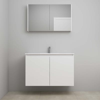 On-Line Badkamermeubelset - 100 cm - Bouwpakket - Greeploos 2 Deuren - Porseleinen Wastafel - 1 Kraangat - Spiegelkast - Hoogglans Wit