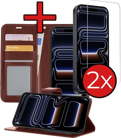 Hoesje - Met 2x Screenprotector - Geschikt voor iPhone 17 Pro / 18 Pro - Luxe Pasjeshouder - Flip Case - Bookcase Portemonee - Kunstleer Book Case - Flipcase Hoes - Book Cover - Walletcase - Portemonneehoes - Telefoonhoes - Bruin