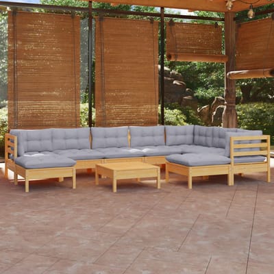 vidaXL - 10-delige - Loungeset - met - grijze - kussens - massief - grenenhout