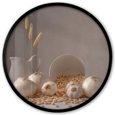 Poster in lijst Rond - Fotolijst 40x40 cm - Posters - Uien - Stilleven - Wit - Beige - Ronde posterlijst zwart - Decoratie - Wanddecoratie woonkamer - Muurdecoratie slaapkamer