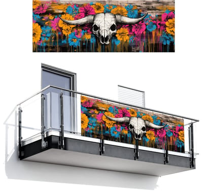 Balkonscherm 300x110 cm - Balkonposter Schedel - Bloemen - Graffiti - Balkon scherm decoratie - Balkonschermen - Balkondoek zonnescherm