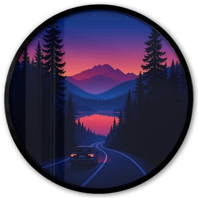 Poster in lijst Rond - Fotolijst 40x40 cm - Posters - Auto - Donkere dennenbomen - Zonsondergang - Ronde posterlijst zwart - Decoratie - Wanddecoratie woonkamer - Muurdecoratie slaapkamer