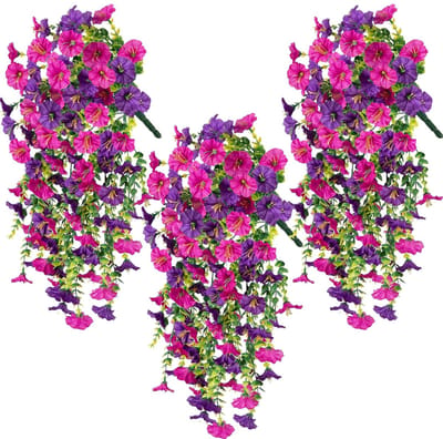 Hangplanten, 3 stuks, hangende decoratieve planten, waterdicht en zonbestendig, voor woonkamer, balkon, tuin (paars + rode lotus)