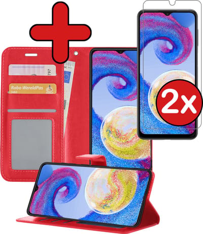Hoesje - Met 2x Screenprotector - Geschikt voor Samsung Galaxy A04s - Luxe Pasjeshouder - Flip Case - Bookcase Portemonee - Kunstleer Book Case - Flipcase Hoes - Book Cover - Walletcase - Portemonneehoes - Telefoonhoes - Rood