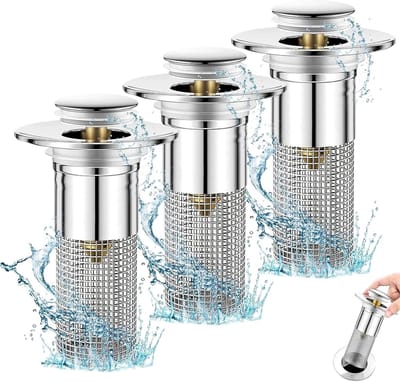 Set van 3 Afvoerstoppen voor Wastafel, Universele Haarfilter en Waterafvoer, Geschikt voor 34-40 mm Afvoer, Ideaal voor Badkamer en Keuken