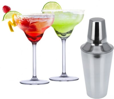 Set van 4x Margarita cocktailglazen met cocktailshaker RVS - 250 ml - Cocktails drinken - Cocktails