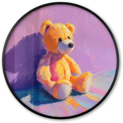 Poster in lijst Rond - Fotolijst 60x60 cm - Posters - Teddybeer - Schaduw - Penseelstreken - Paars - Ronde posterlijst zwart - Decoratie - Wanddecoratie woonkamer - Muurdecoratie slaapkamer
