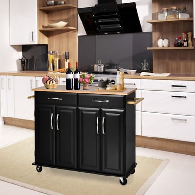 Keukeneiland - Verplaatsbaar - Keukenkast - Dressoir - Organizer - Kasten - Houten Werkblad - 2 Deuren - Zwart