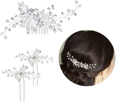Haarkam, voor bruid, bruiloft, 3 stuks, folie, parels, haarspeld, kristal, wijnstok, zilver, strass, haarspelden, bruid, bloem, hoofdtooi voor haaraccessoires, vrouwen, meisjes, bruiloft
