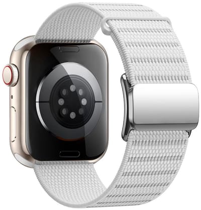 Nylon bandje - geschikt voor Apple Watch 1/2/3/4/5/6/7/8/9/10/11/ SE (1,2,3) met maat 38 mm / 40 mm / 41 mm en 42 mm (Watch 10/11) - magneetsluiting - wit