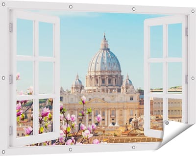 Gards Tuinposter Doorkijk Sint Pietersbasiliek in Rome met Bloemen - 120x80 cm - Tuindoek - Tuindecoratie - Wanddecoratie buiten - Tuinschilderij