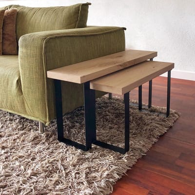 GoudmetHout® Bijzettafel Set Industrieel - 120 cm - Salontafel Woonkamer - Sidetable - Eikenhout Koffietafel - Bank Tafel met Mat Blank Staal - Coffee Table