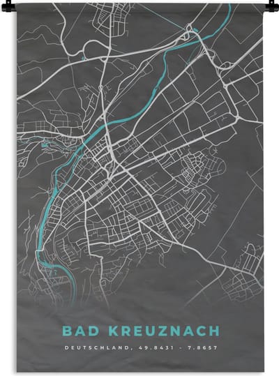 Wandkleed - Wanddoek - Bad Kreuznach – Stadskaart – Blauw – Plattegrond – Stadskaart – Kaart - Duitsland - 120x180 cm - Wandtapijt