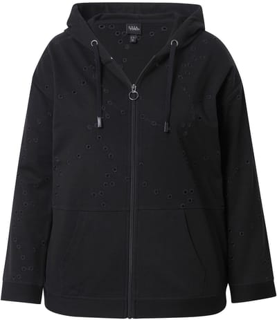 Ulla Popken - Dames - Trainingsjasje ogenborduursel oversized lange mouwen - Zwart - Maat 42+