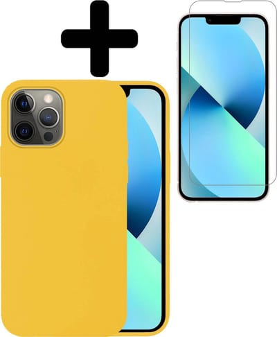 Hoesje - Met Screenprotector - Geschikt voor Apple iPhone 13 Pro - Sterk & Shockproof - Telefoon Hoes - Back Cover - Siliconen Case - Telefoonhoes - Geel
