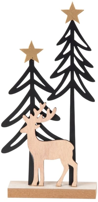 Zwarte metalen kerstbomen met houten rendier op houten standaard