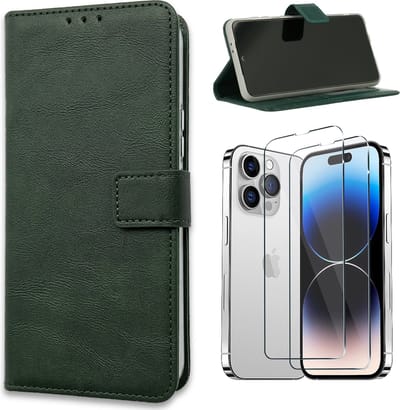 Casemania Hoesje Geschikt voor Apple iPhone 15 Groen & 2X Glazen Screenprotector- Portemonnee Book Case - Kaarthouder & Magneetlipje