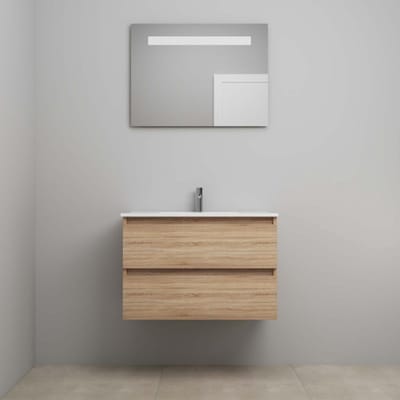 On-Line Badkamermeubelset - 80 cm - Voorgemonteerd - Porseleinen Wastafel - 1 Kraangat - Spiegel met LED-Verlichting - Eiken