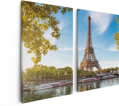 Artaza Canvas Schilderij Tweeluik Eiffeltoren In Parijs Aan Het Water - 80x60 - Foto Op Canvas - Canvas Print