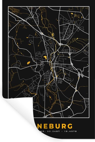 Muurstickers - Sticker Folie - Goud – Duitsland – Plattegrond – Gold – Stadskaart – Kaart – Lüneburg - 20x30 cm - Plakfolie - Muurstickers Kinderkamer - Zelfklevend Behang - Zelfklevend behangpapier - Stickerfolie