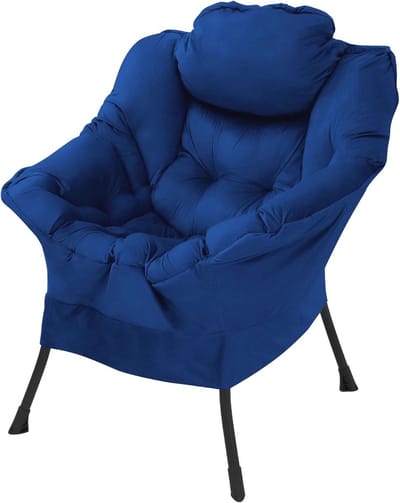 Relax fauteuil donkerblauw voor woonkamer met armleuningen en zijvak - ergonomische lounge fauteuil met kussen en stalen frame