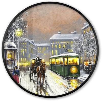 Poster in lijst Rond - Fotolijst 60x60 cm - Posters - Schilderij - Olieverf - Winter - Tram - Paard - Ronde posterlijst zwart - Decoratie - Wanddecoratie woonkamer - Muurdecoratie slaapkamer