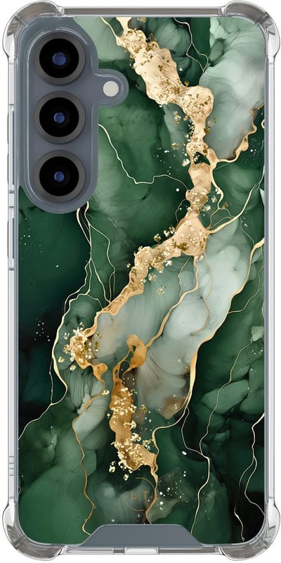 Shockproof hoesje - Geschikt voor Samsung Galaxy S25 - Marmer groen goud - Extra sterke case - TPU/polycarbonaat - Marmer - Groen, Goud, Transparant