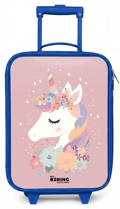 NoBoringSuitcases.com® - Kinderkoffer blauw - Kindertrolley jongen - Eenhoorn - Roze - Bloemen - Koffer kind lichtgewicht - Reiskoffer trolley voor kinderen - Koffertje met lichtgevende wieltjes - Rolkoffer