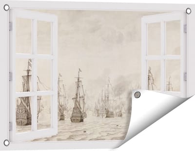 Gards Tuinposter Doorkijk De Zeeslag tegen de Spanjaarden bij Duinkerken - Willem van de Velde - 60x40 cm - Tuindoek - Tuindecoratie - Wanddecoratie buiten - Tuinschilderij