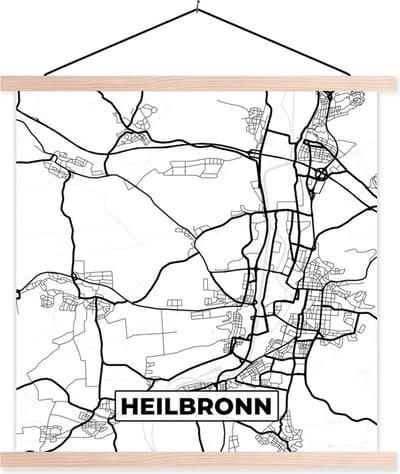 Posterhanger incl. Poster 40x40 cm - Schoolplaat - Heilbronn - Kaart - Stadskaart - Plattegrond - Textielposter - Blanke latten - Stadskaart