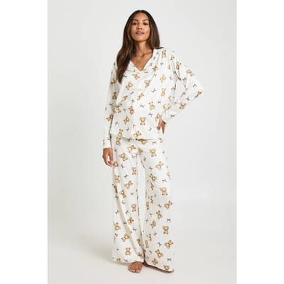 boohoo Dames Zwangerschaps Beertjes en Strikjes Print Lange Mouw Shirt & Broek Pyjama Set | Cream | Maat: 8